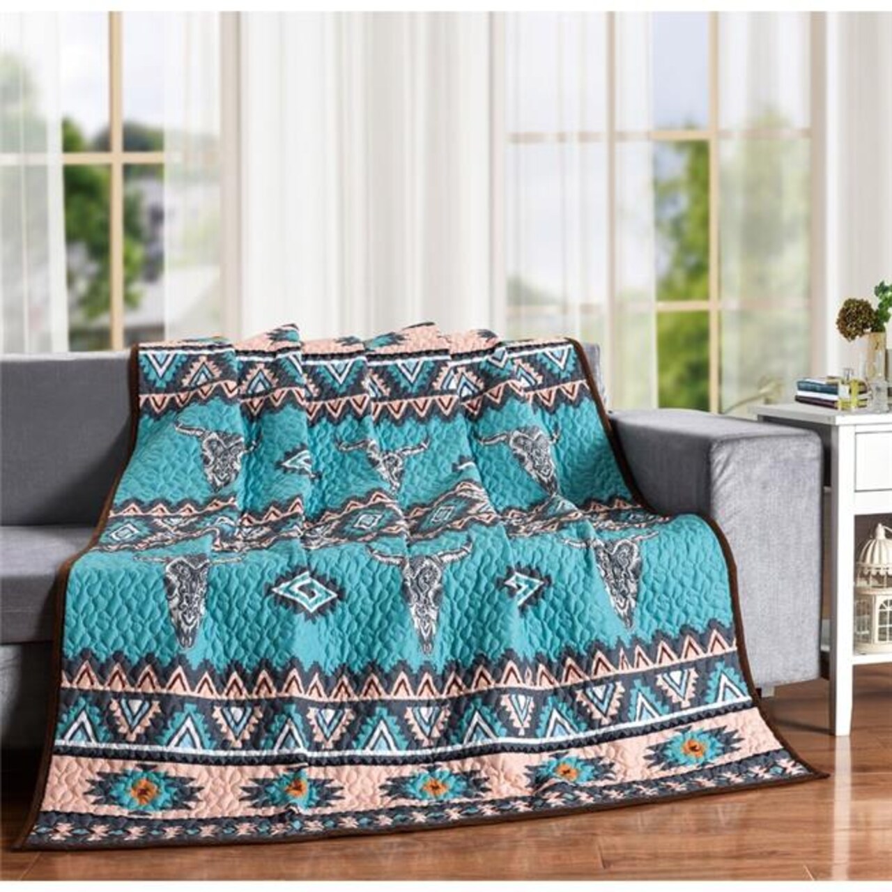De Leon Collections 60 x 50 in. Saguaro Skull Southwestern Boho Skull Decorative Throw Quilt Blanket, Multi Color